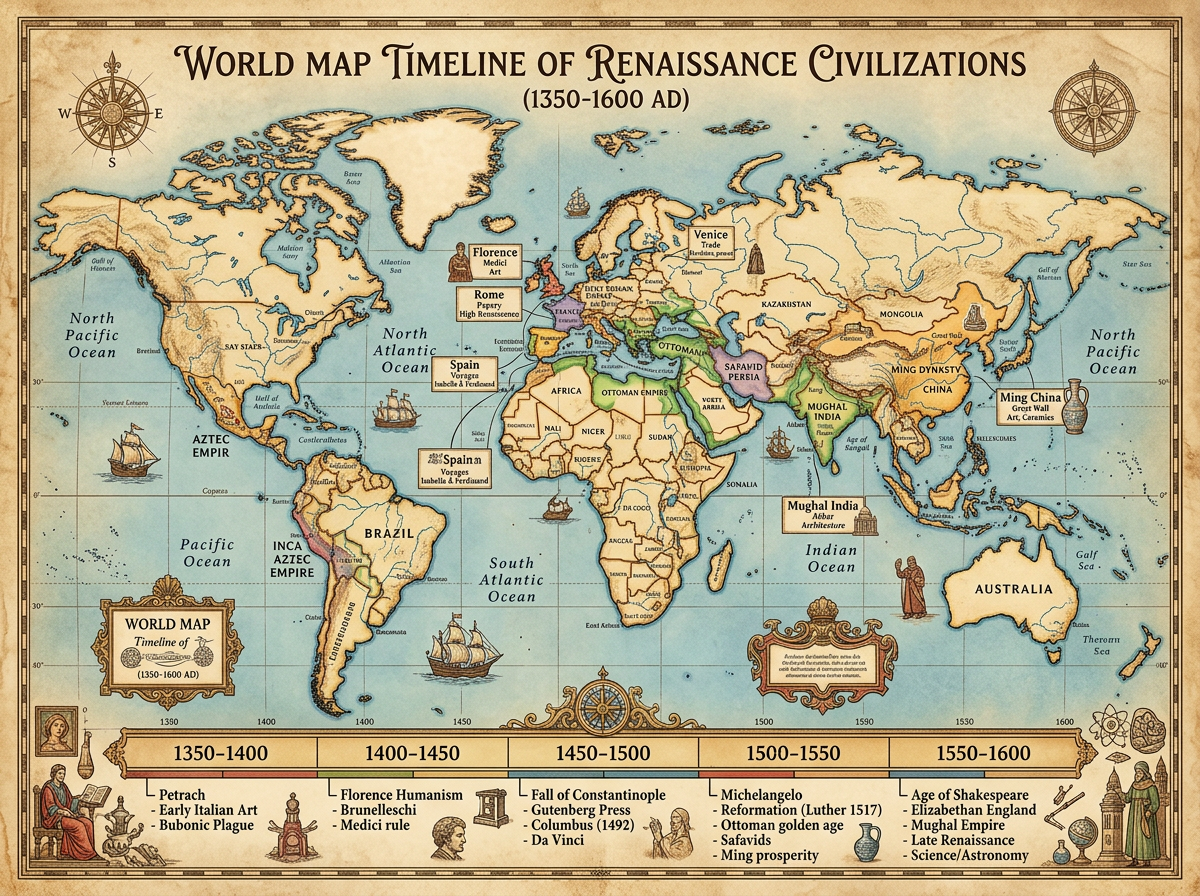 World map showing Renaissance civilizations from 1350 to 1600 AD with labeled regions and timeline